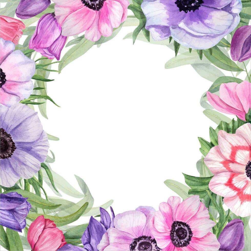 Square frame with watercolor anemones. Floral hand painted illustration. Copy space for text vector