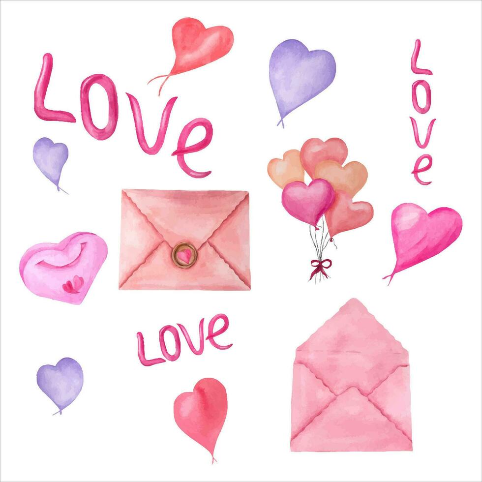Symbols of Valentines Day. Hearts, valentines, envelope, love, balloons, love letter. vector