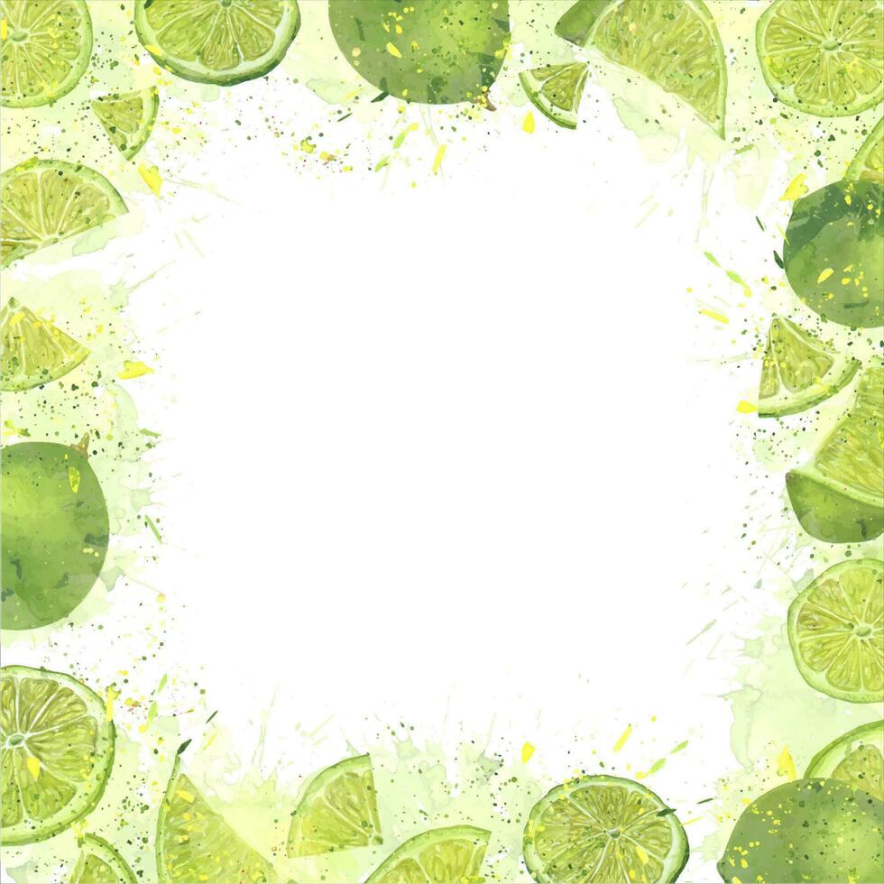 Juicy ripe limes with splashes citrus juice. Citrus splices. Square frame with copy space for text. vector