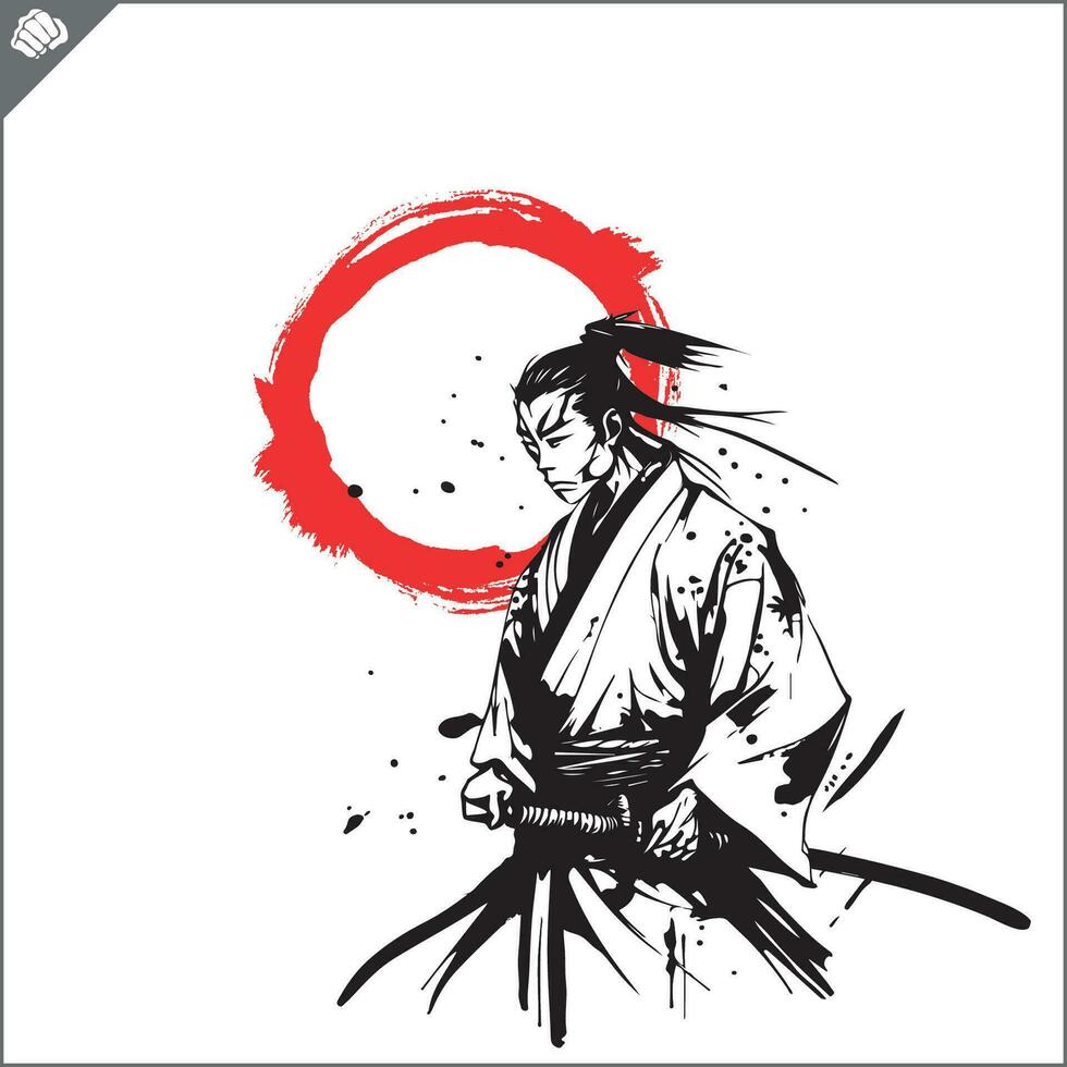 samurai. Japón guerrero con katana césped. vector