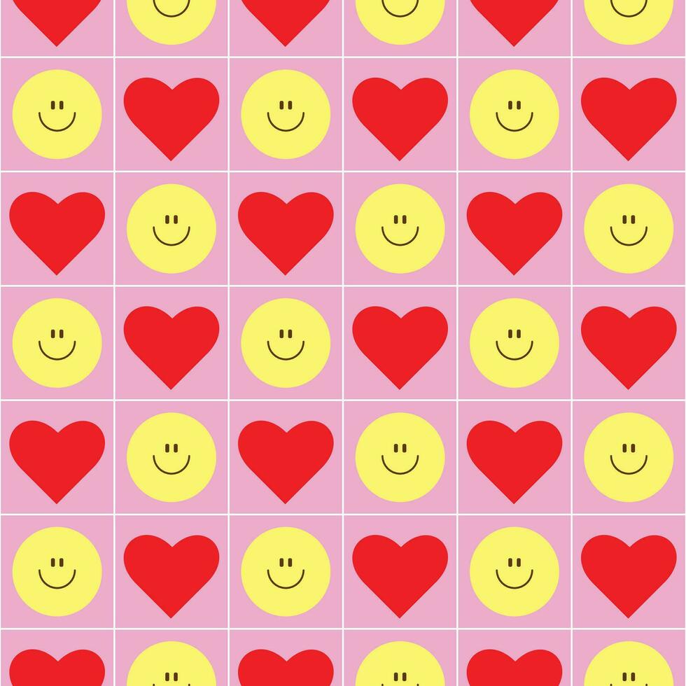 Seamless pattern with hearts and emoticon smile vector