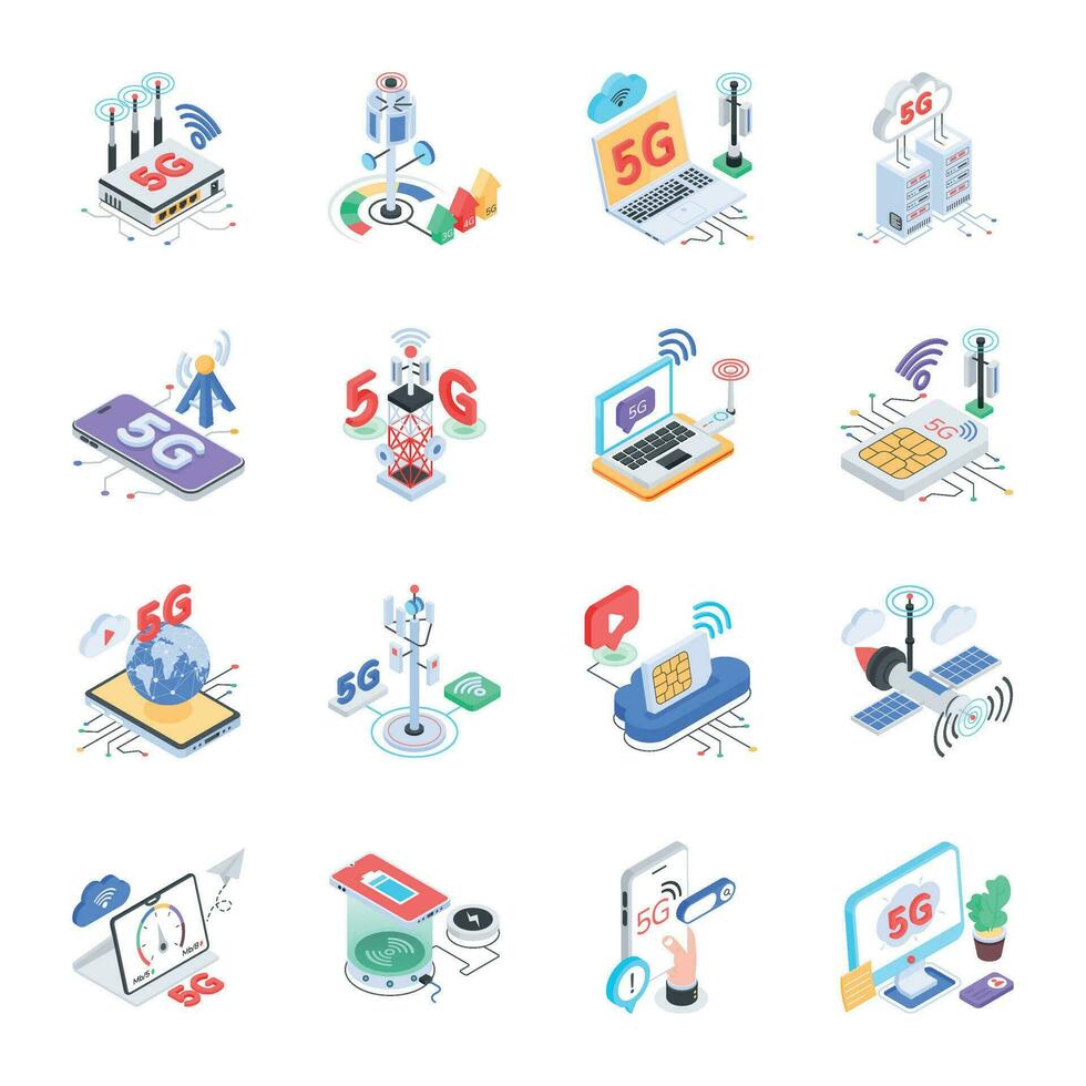 Handy Collection of 5G Technology Isometric Icons vector