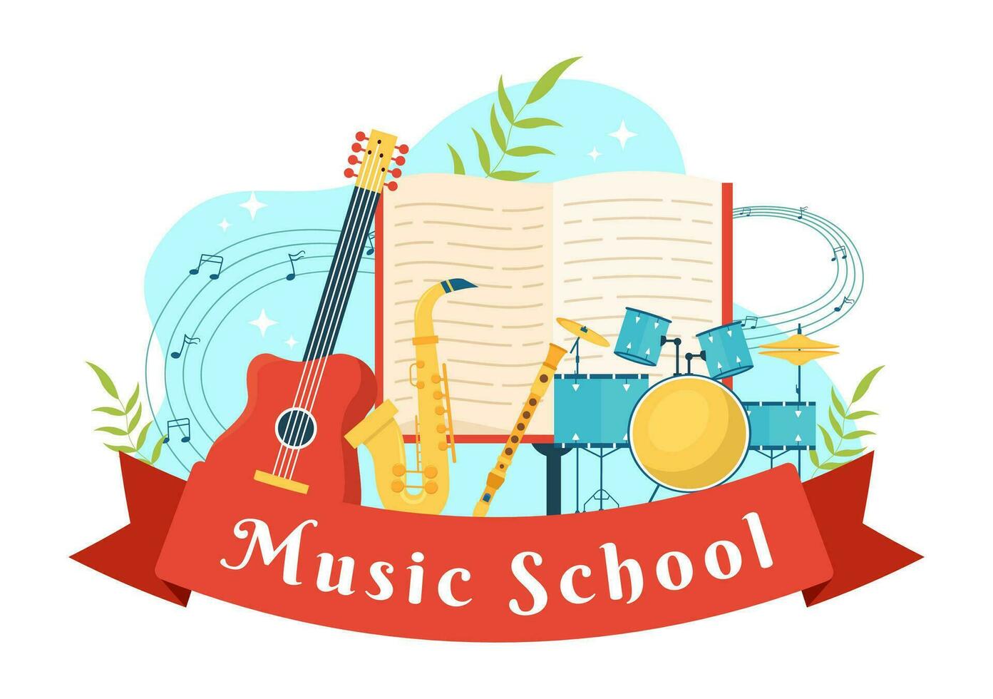 Music School Vector Illustration with Playing Various Musical Instruments, Learning Education Musicians and Singers in Flat Kids Cartoon Background