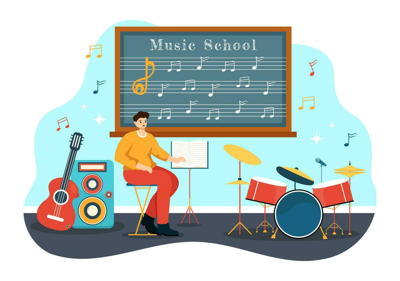 música colegio vector ilustración con jugando varios musical instrumentos, aprendizaje educación músicos y cantantes en plano niños dibujos animados antecedentes