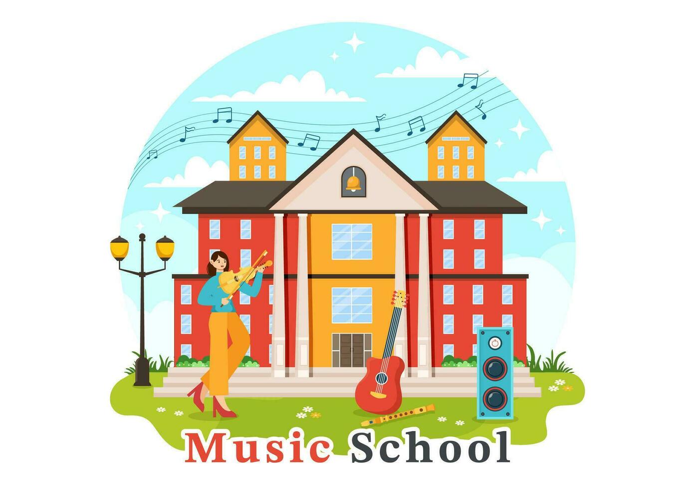 Music School Vector Illustration with Playing Various Musical Instruments, Learning Education Musicians and Singers in Flat Kids Cartoon Background