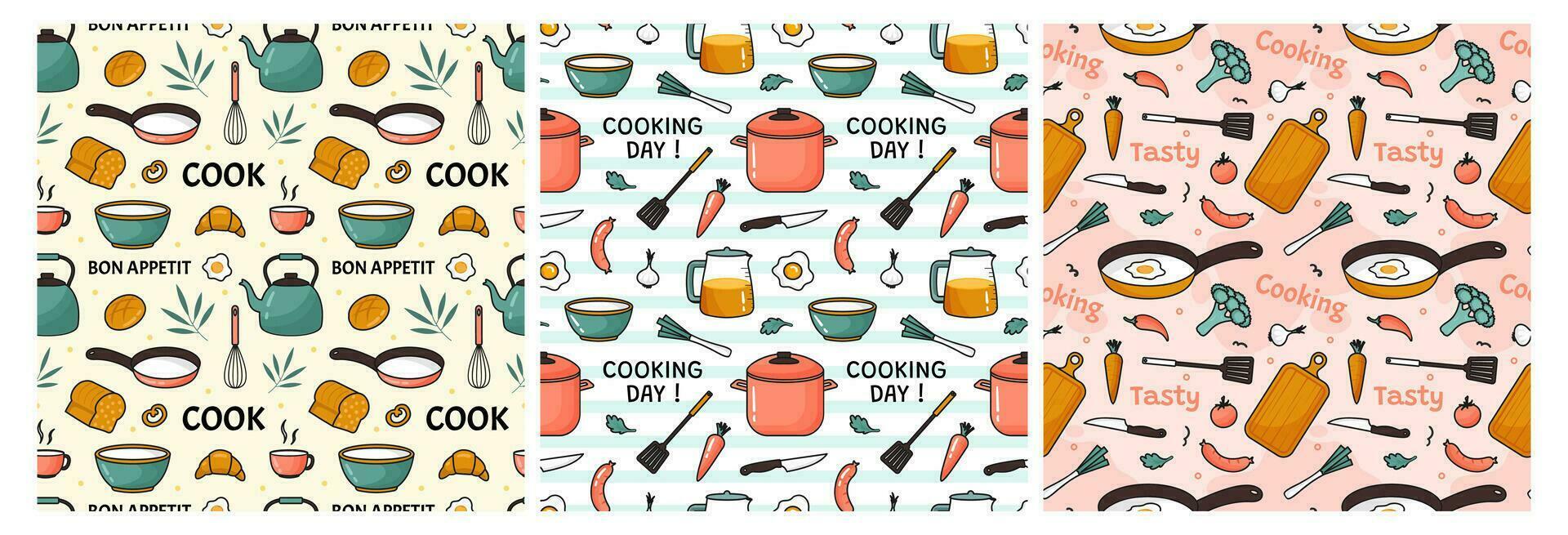 conjunto de Cocinando equipo sin costura modelo diseño ilustración en plano dibujos animados modelo mano dibujado vector