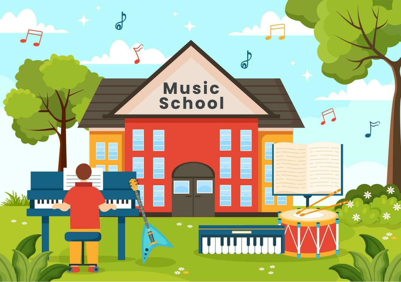 música colegio vector ilustración con jugando varios musical instrumentos, aprendizaje educación músicos y cantantes en plano niños dibujos animados antecedentes