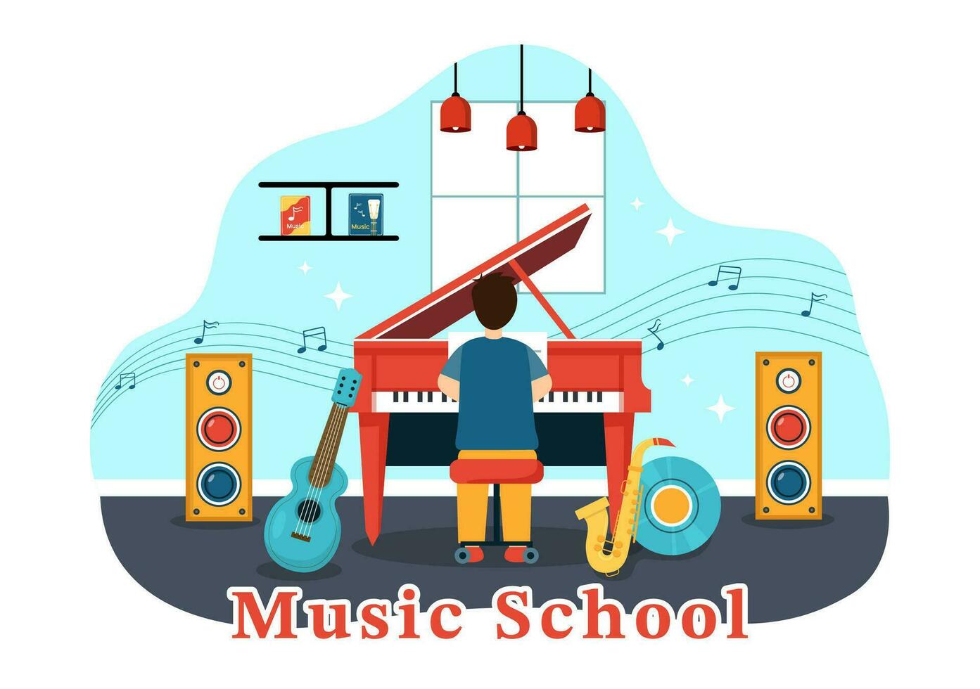 música colegio vector ilustración con jugando varios musical instrumentos, aprendizaje educación músicos y cantantes en plano niños dibujos animados antecedentes