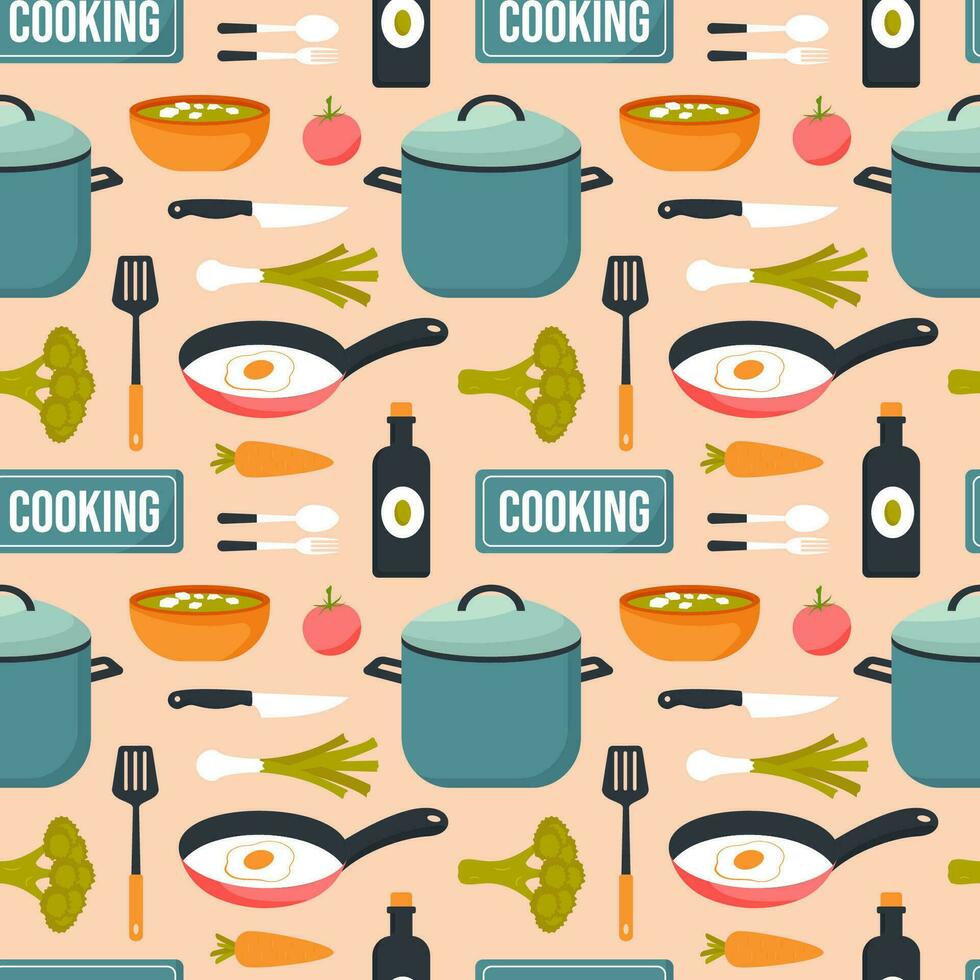 Cooking Equipment Seamless Pattern Design  Illustration in Flat Cartoon Template Hand Drawn vector