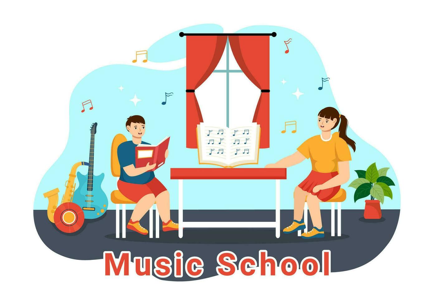 música colegio vector ilustración con jugando varios musical instrumentos, aprendizaje educación músicos y cantantes en plano niños dibujos animados antecedentes