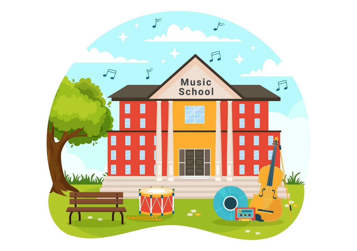 música colegio vector ilustración con jugando varios musical instrumentos, aprendizaje educación músicos y cantantes en plano niños dibujos animados antecedentes