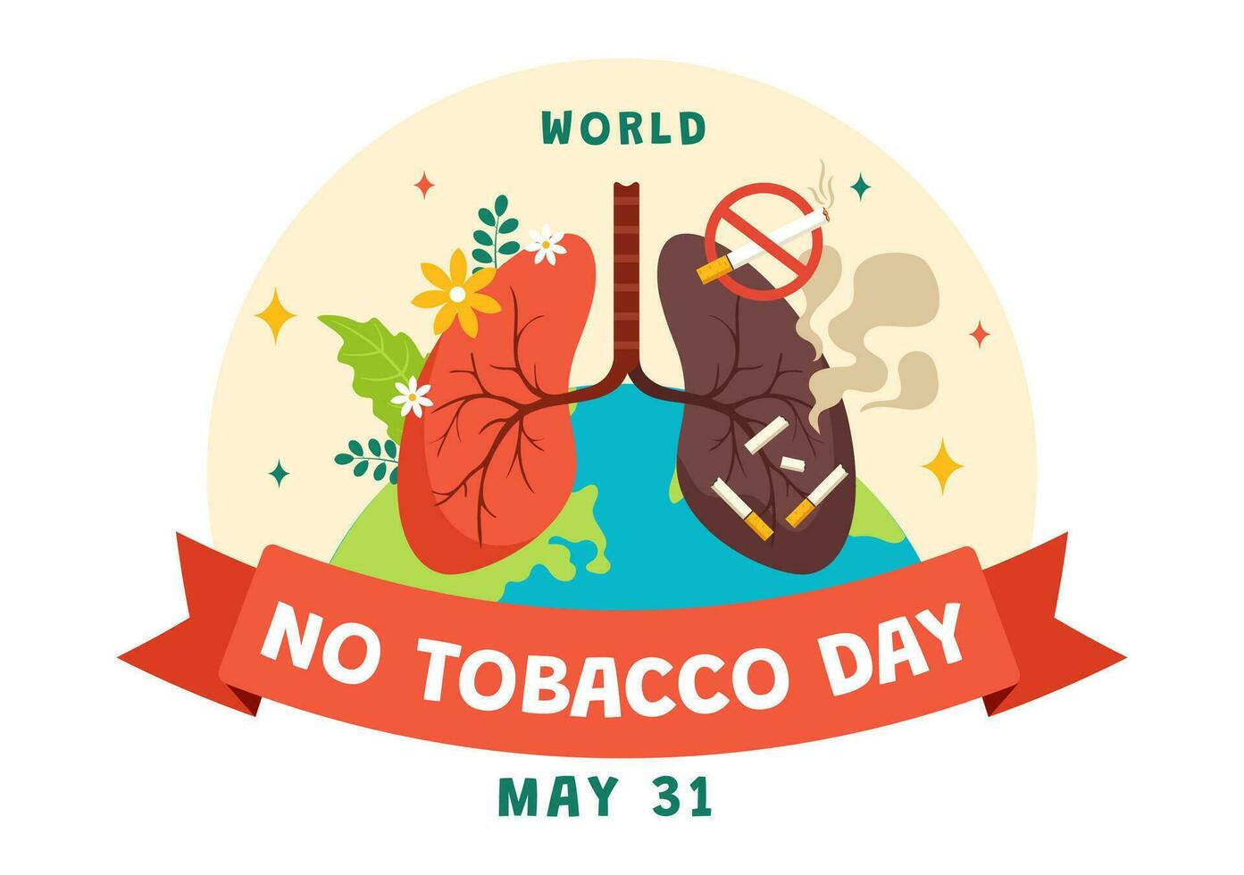 World No Tobacco Day Vector Illustration on 31 May with Stop Smoking and Cigarette Butt because Harm the Lungs in Healthcare Flat Background
