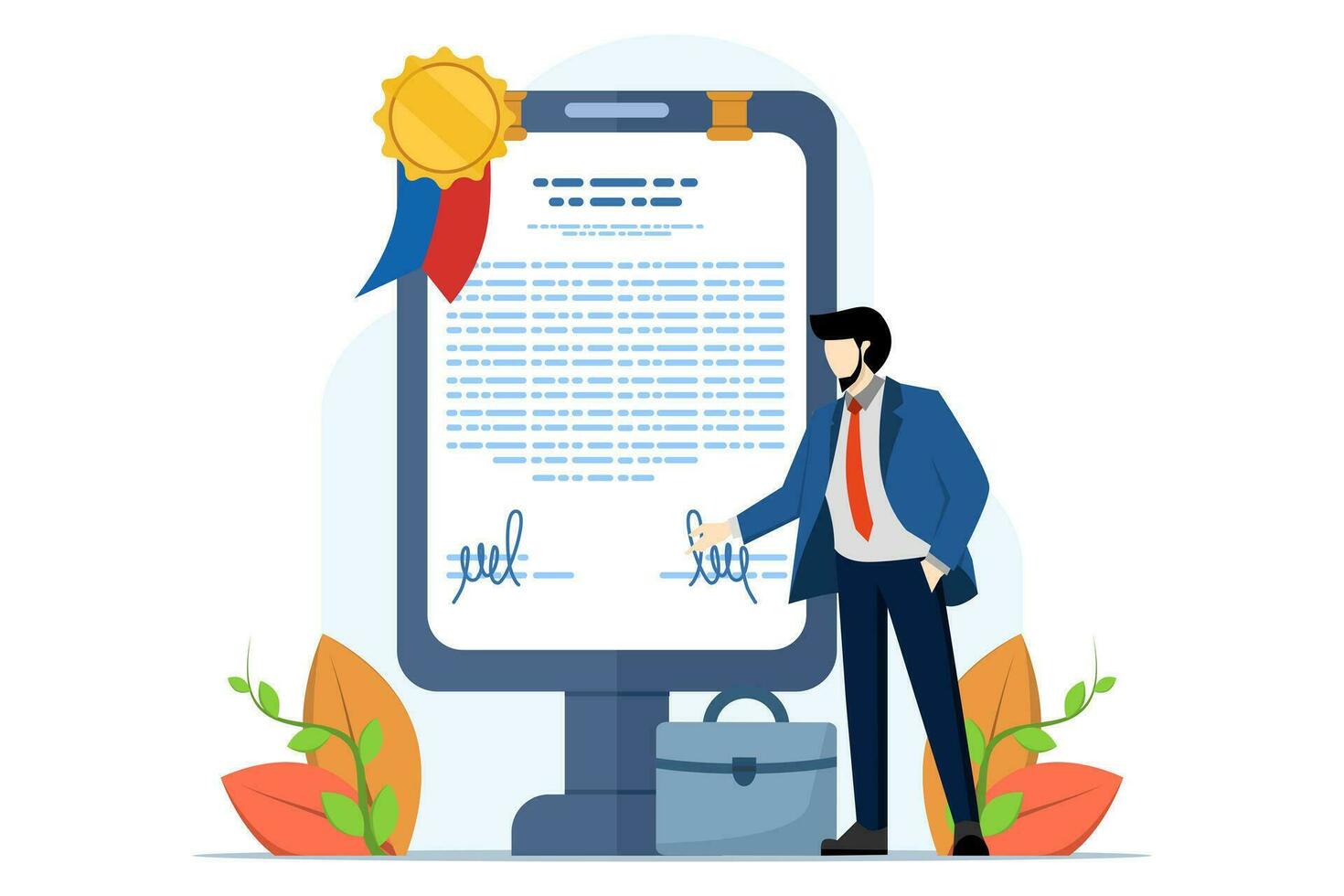 Brave Secretary with Big Sign Documentation. People Get Professional Notary Services. Browse Visit a Lawyer's Office To Sign Legal Documents. flat vector illustration on white background.