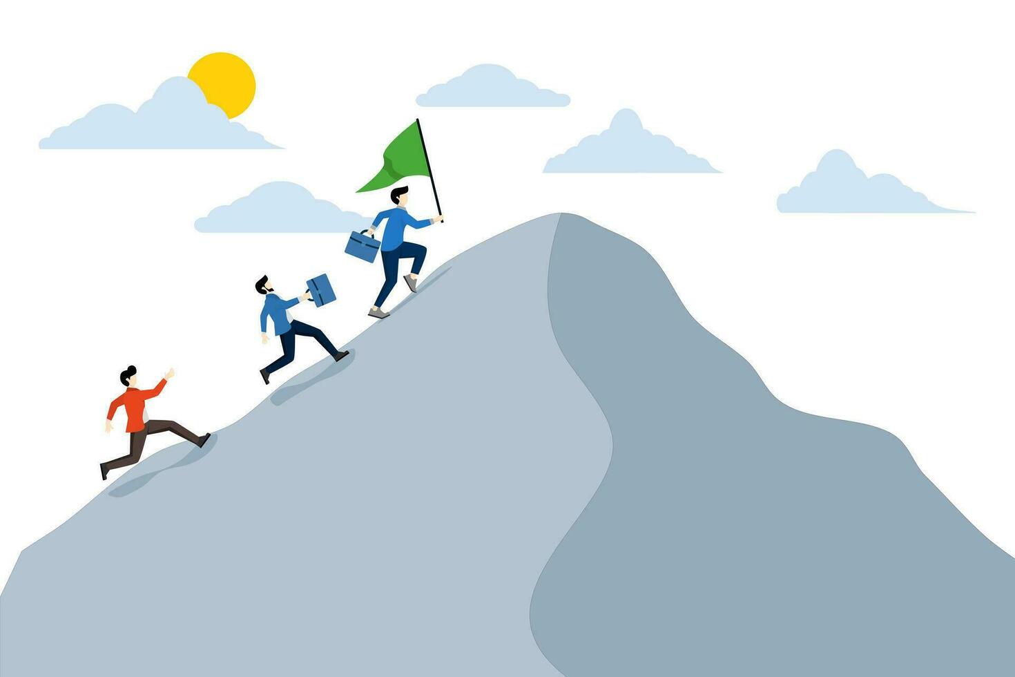 business team running to reach the top of the mountain, successful business, leadership to lead the team to achieve the goal, motivation and teamwork to succeed, challenge to achieve the target. vector