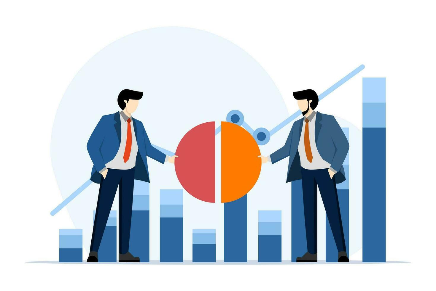 businessman fighting for more market share pie chart, industry sales market share percentage, business competitors fighting or fighting for more sales concept. flat vector illustration on background.