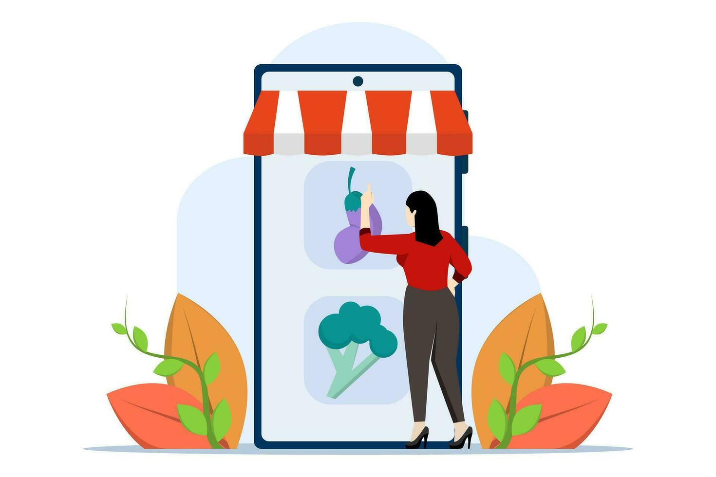 grocery food concept. Characters buy online fresh organic vegetables and other groceries, pay for the order and receive delivery. Online supermarket concept. Flat vector illustration.