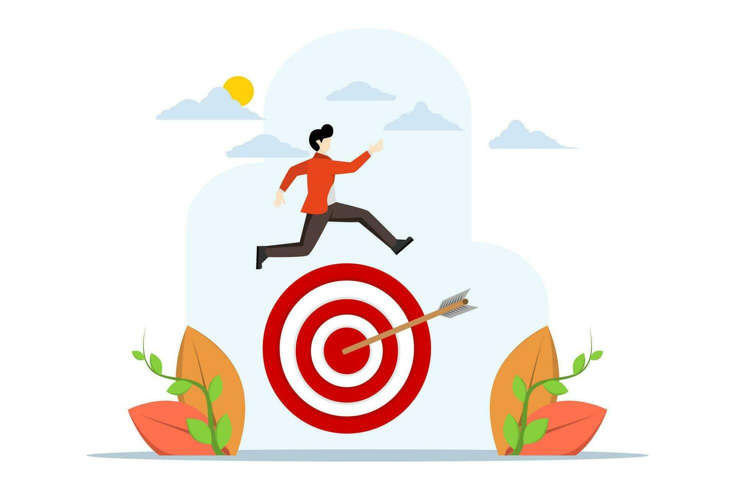 concept of mission success or victory, Skilled successful businessman jumps arrow right on target. Achieving targets, achievements, achieving goals or getting business goals and objectives. vector