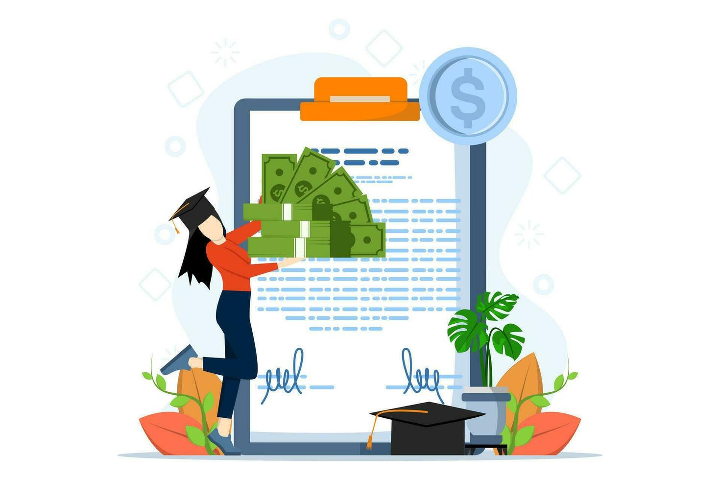 Education loan concept. Student character invests money in education, takes out student loans. Concept of university and tuition fees. Flat vector illustration on white background.