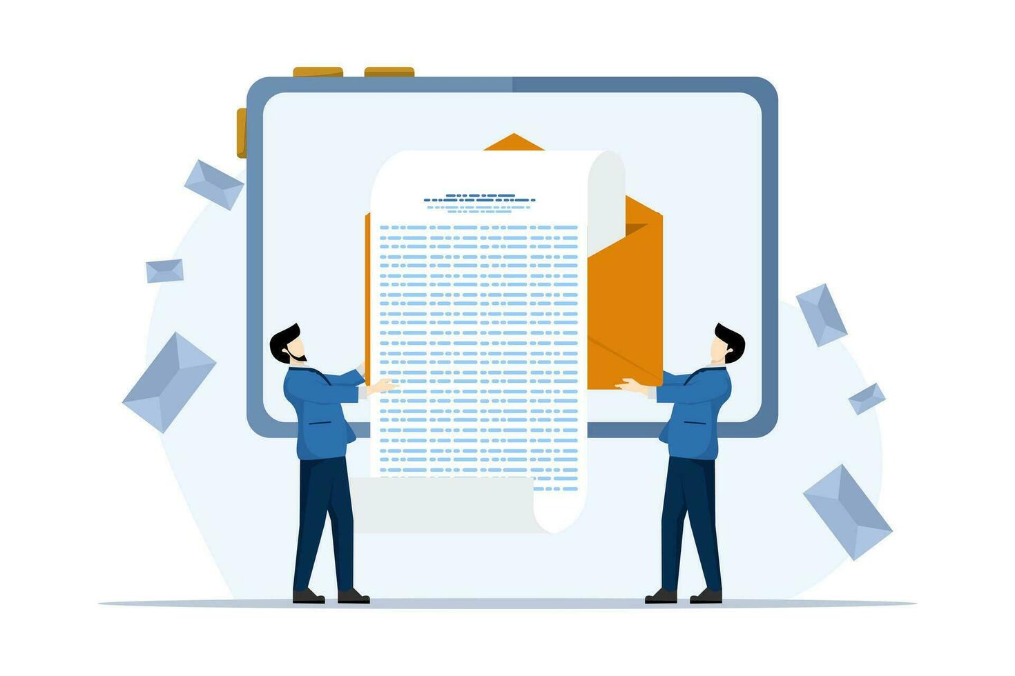 email promotion illustration concept. Character plans marketing strategy, sends advertising letters, promotional offers with sales and discounts. Ecommerce business concept. Vector illustration.