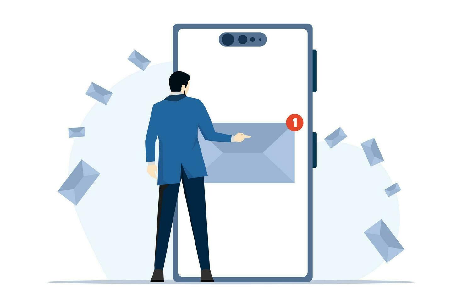 email promotion illustration concept. Character plans marketing strategy, sends advertising letters, promotional offers with sales and discounts. Ecommerce business concept. Vector illustration.
