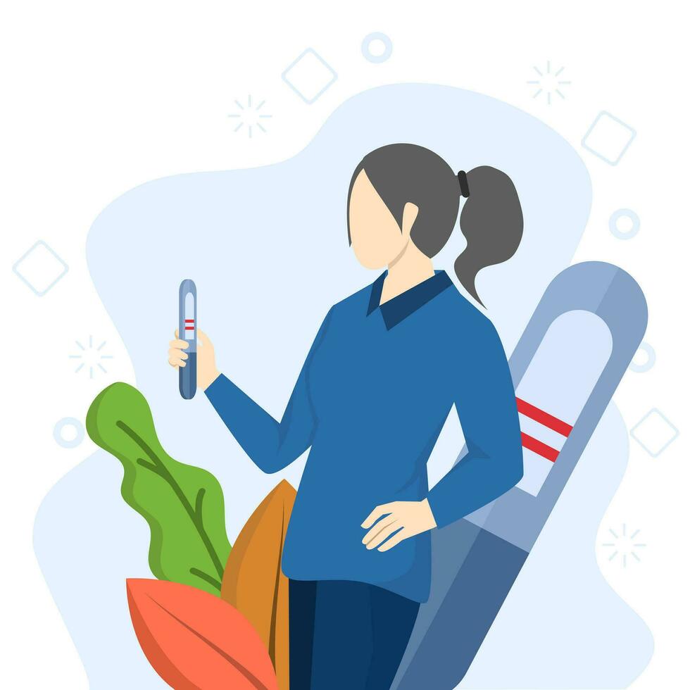 Happy female character holding pregnancy test. Positive result, two lines. difficulty fertilization, fertilization. Pregnancy planning concept. Flat vector illustration on white background.