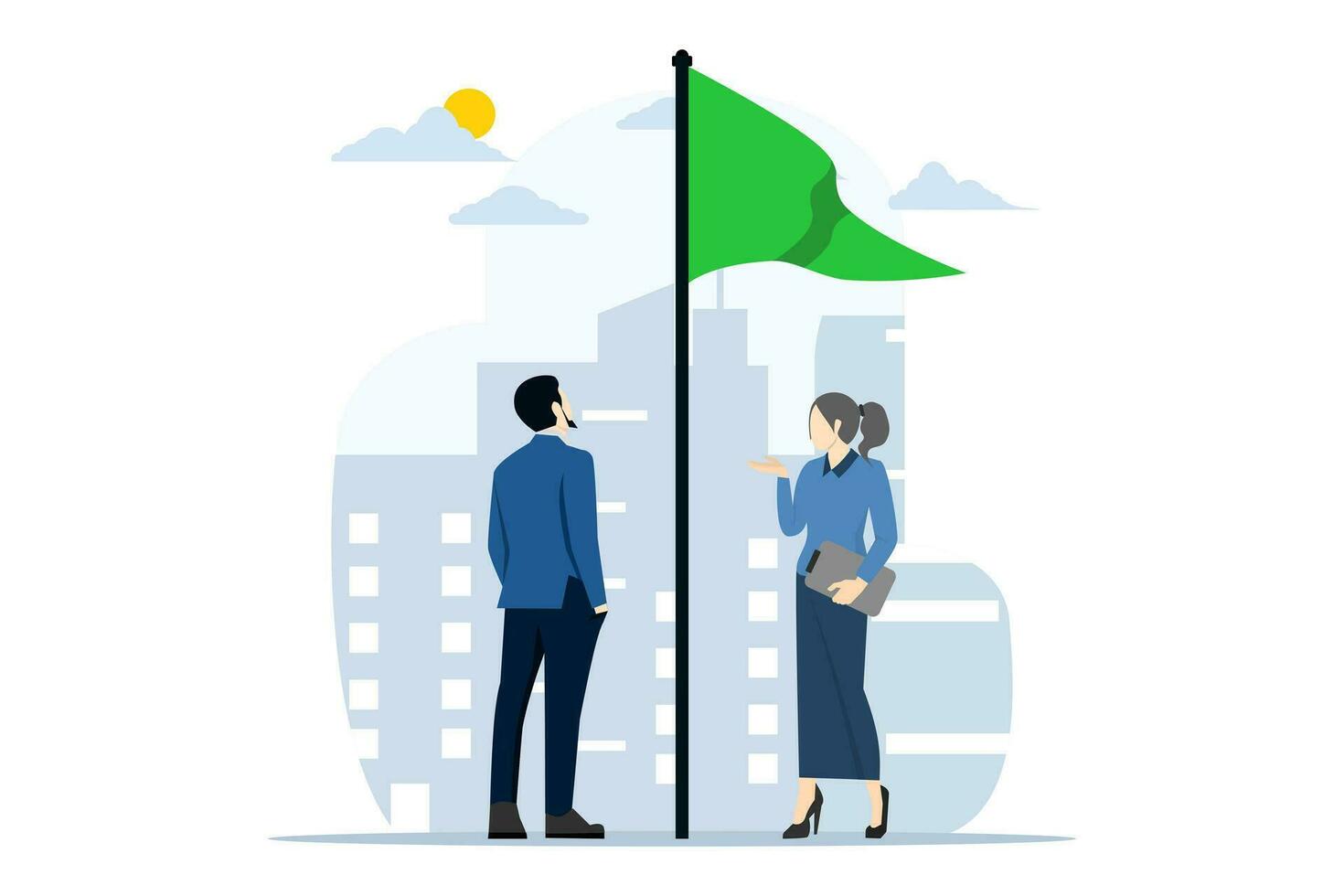 pensativo empresario mirando para verde bandera advertencia, consejo, darse cuenta o advertencia, preocupación o alerta a amenaza concepto, verde bandera advertencia a ser alerta a negocio o económico desastre. vector