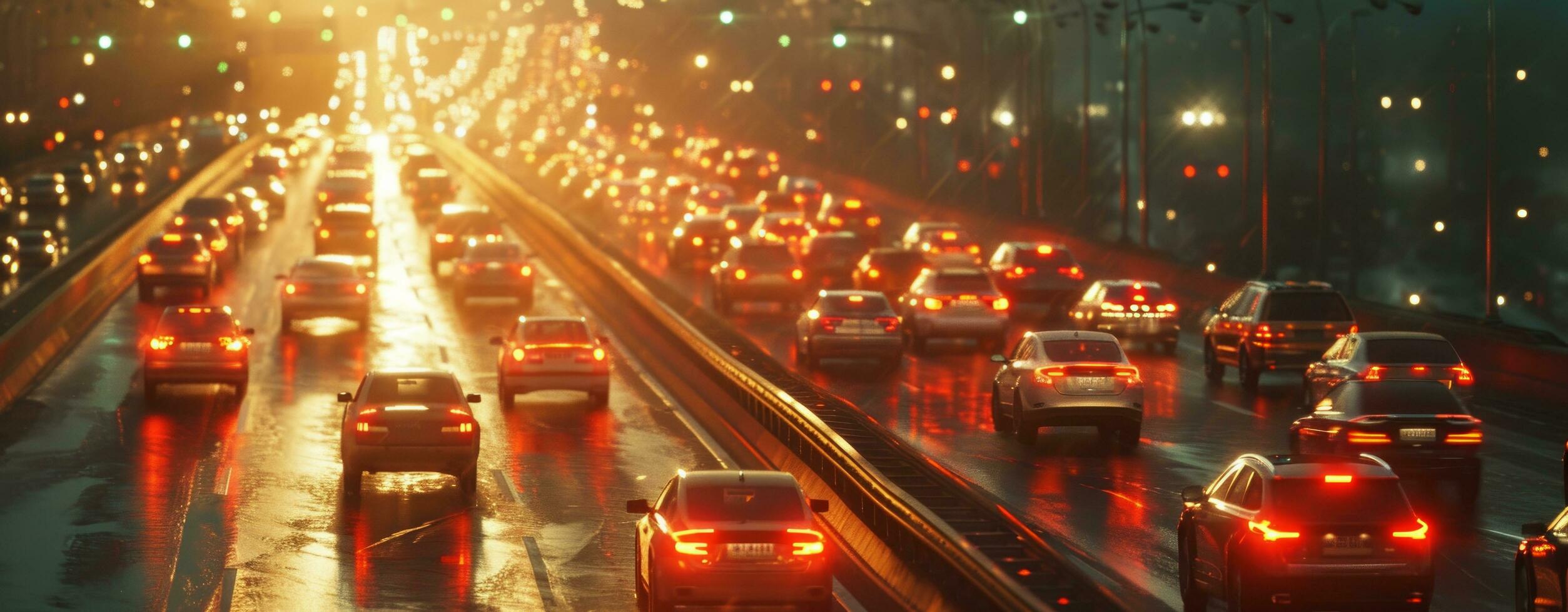 ai generado tráfico en el autopista en grande tráfico luces foto