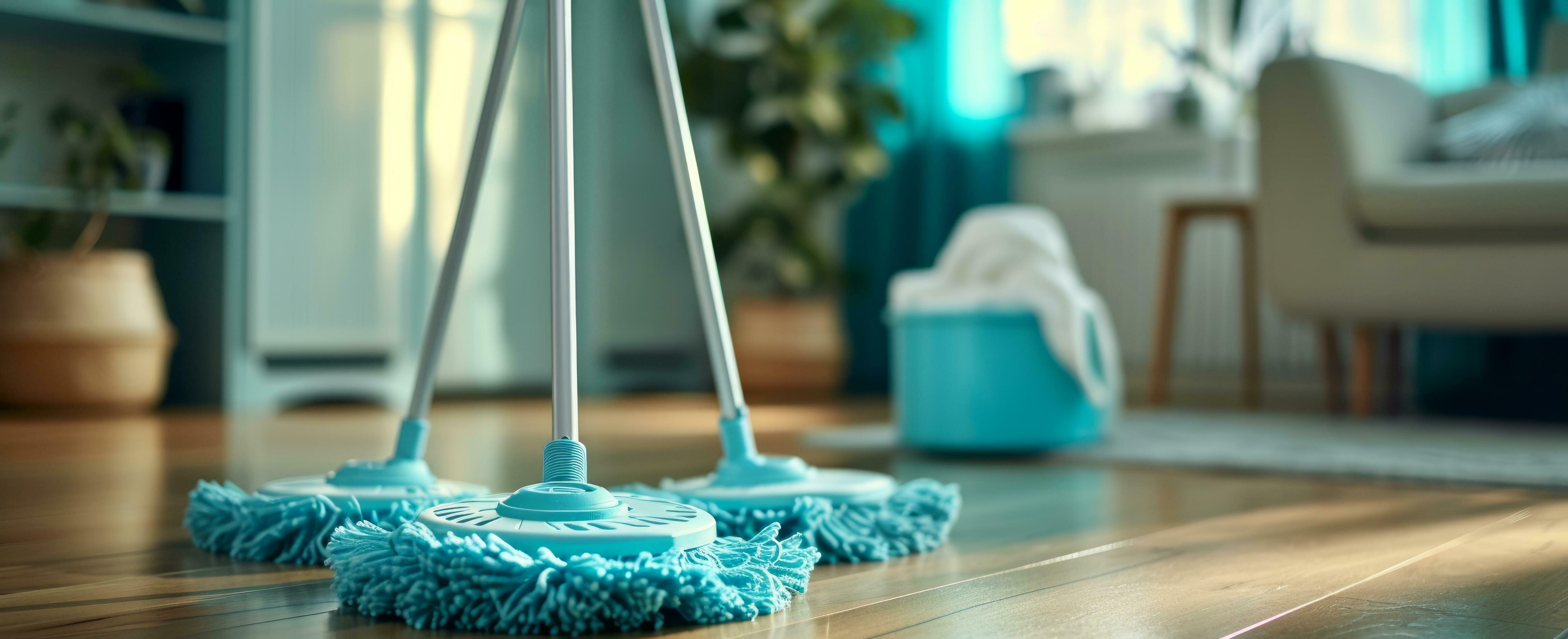 AI generated two mop and mopstick standing on wooden floor in living