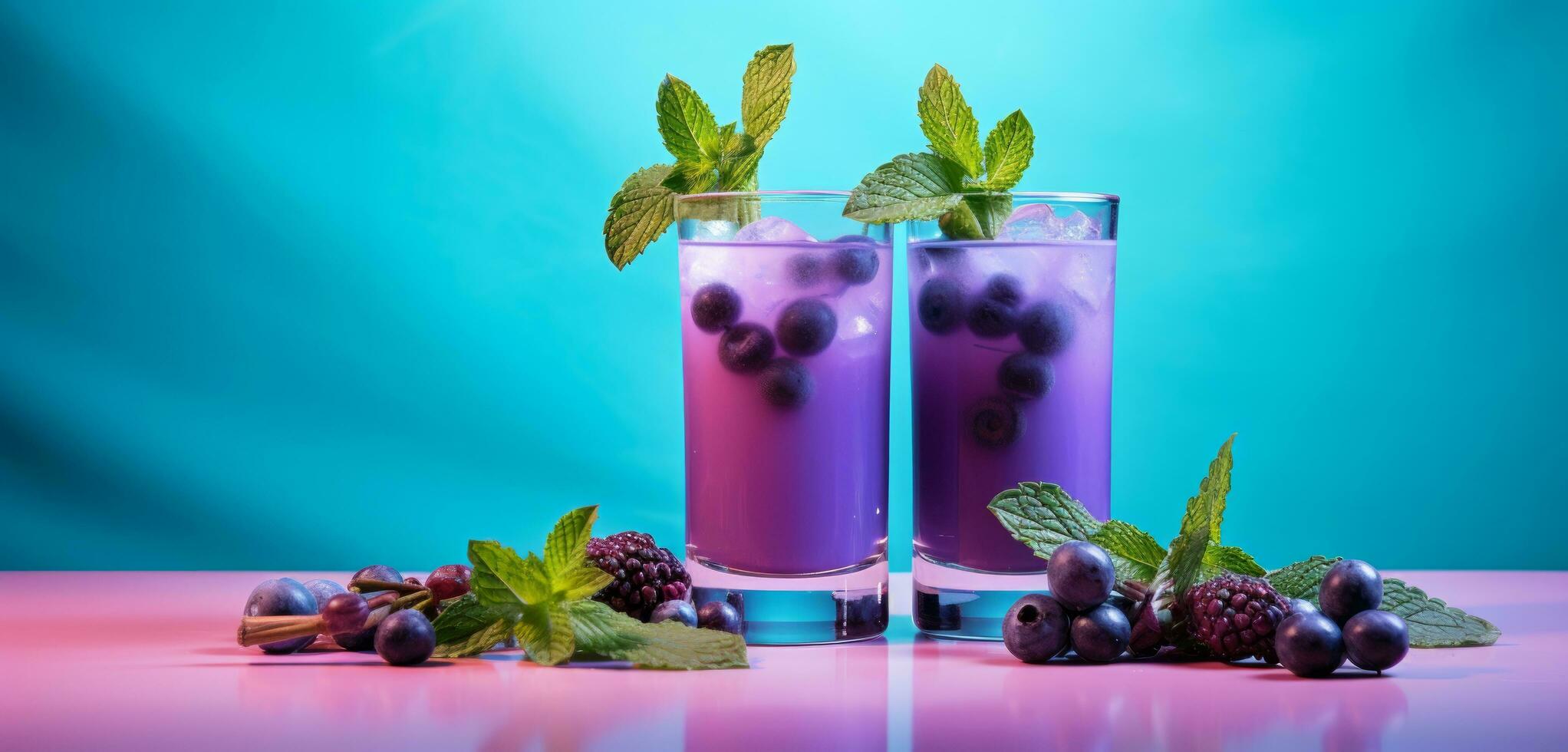 AI generated two glasses with blueberry juice and mint leaf photo
