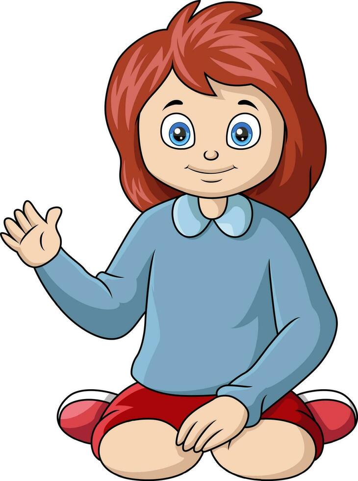 Cute little girl cartoon sitting and waving hand vector