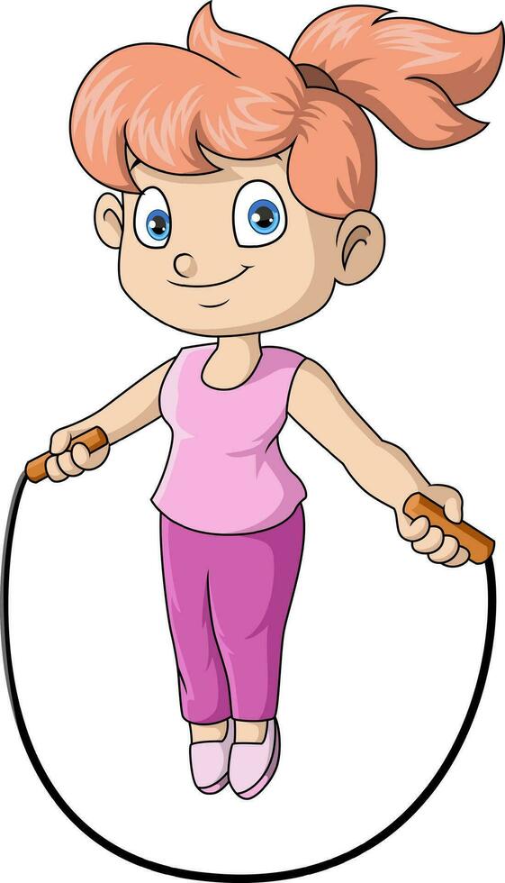linda pequeño niña dibujos animados jugando saltando cuerda vector