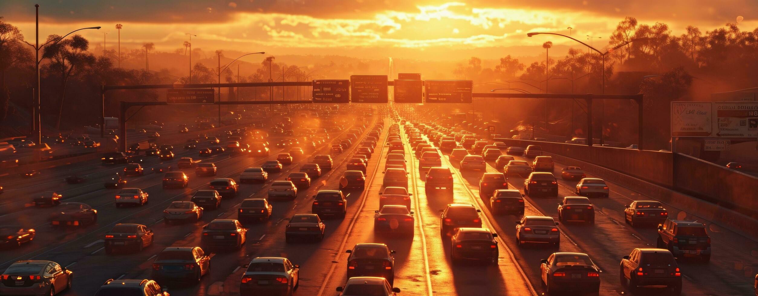 ai generado tráfico en el autopista en grande tráfico luces foto