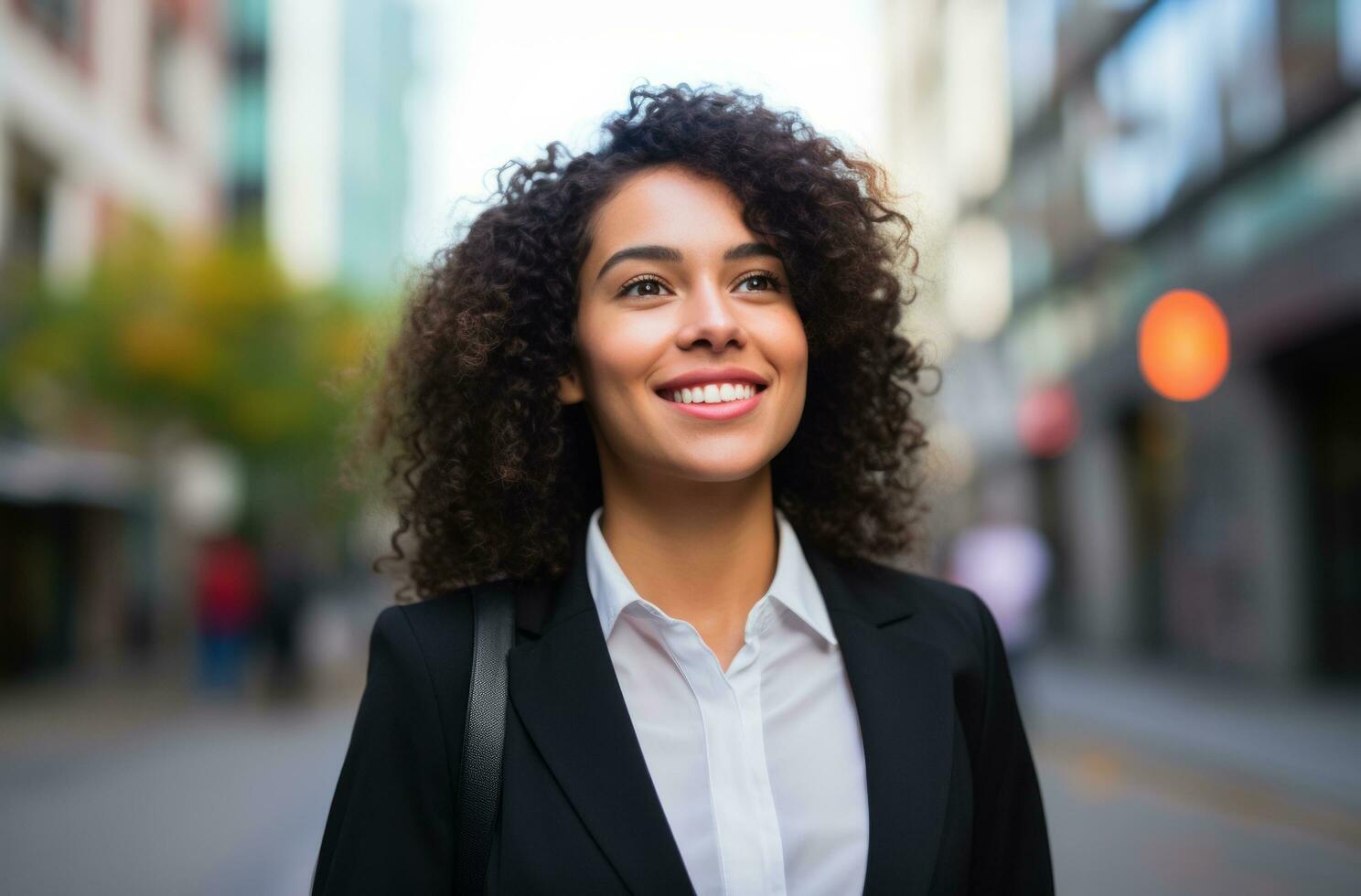 ai generado mujer sonriente en un negocio traje en el ciudad foto