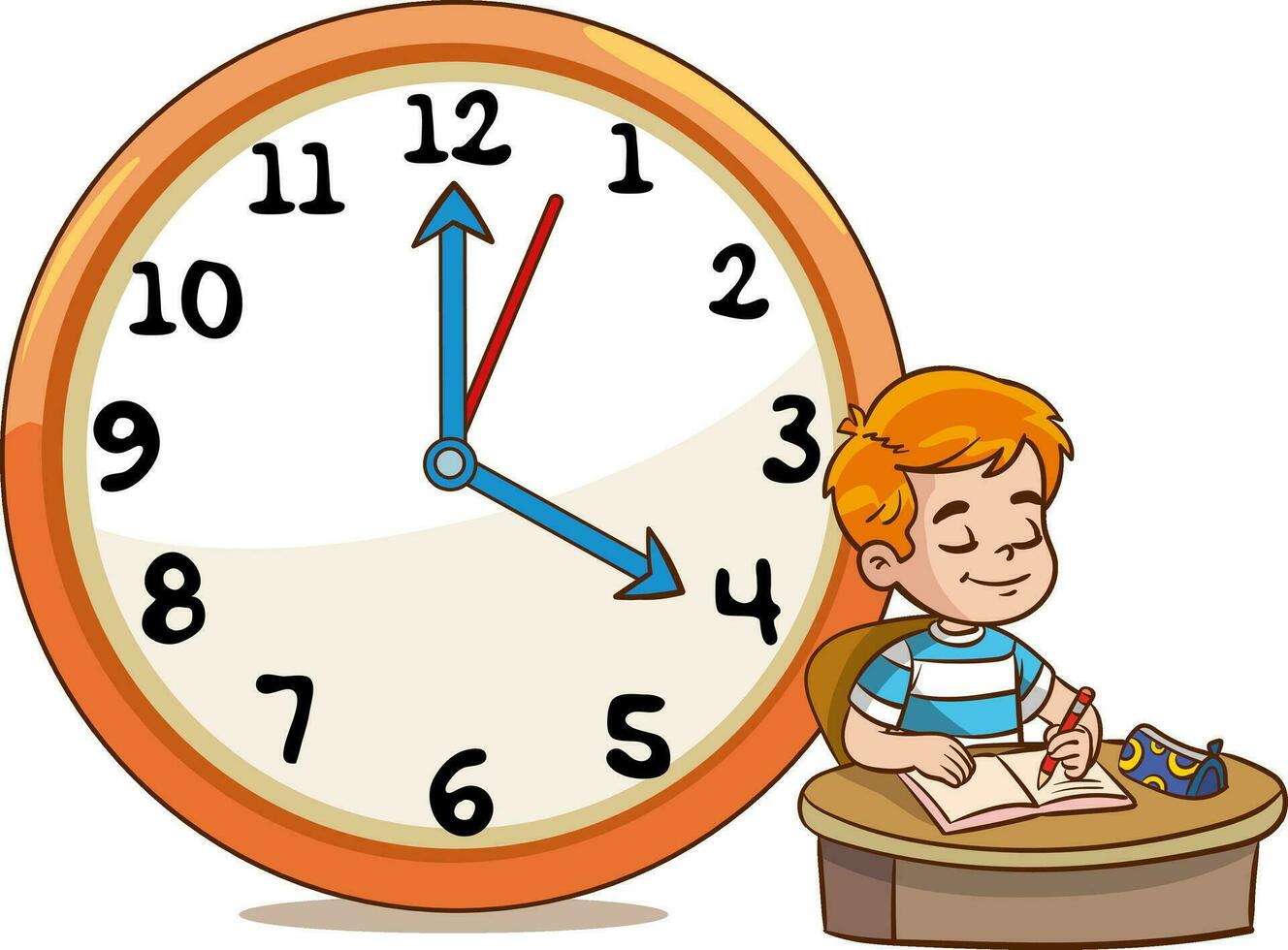 chico comiendo desayuno.diario rutina con sencillo relojes.vector conjunto con niño. gracioso dibujos animados personaje. vector ilustración