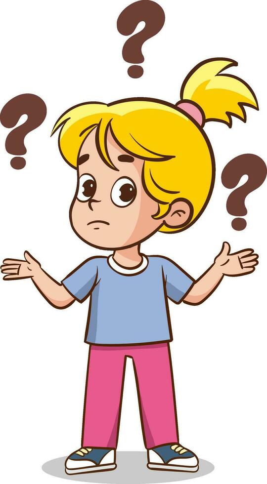 Cartoon boy with question marks on white background. Vector illustration.