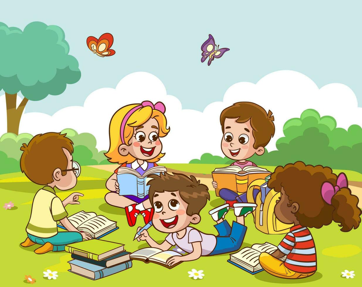 vector ilustración de niños leyendo libro a naturaleza