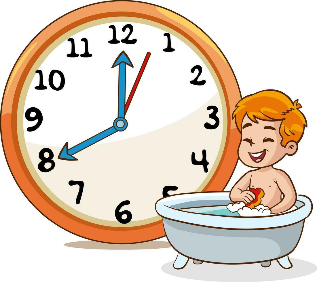 bathing boy.Daily routine with simple clocks.Vector set with kid. Funny cartoon character. Vector illustration