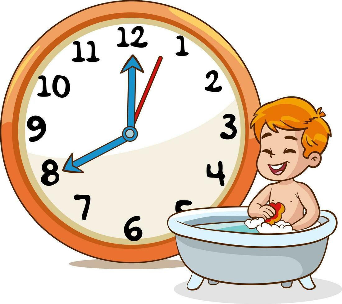 baños chico.diario rutina con sencillo relojes.vector conjunto con niño. gracioso dibujos animados personaje. vector ilustración