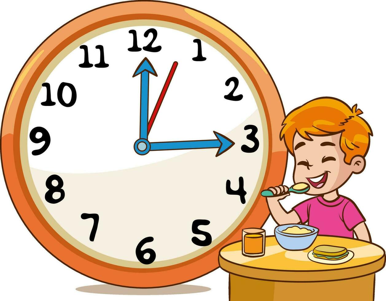 chico comiendo desayuno.diario rutina con sencillo relojes.vector conjunto con niño. gracioso dibujos animados personaje. vector ilustración