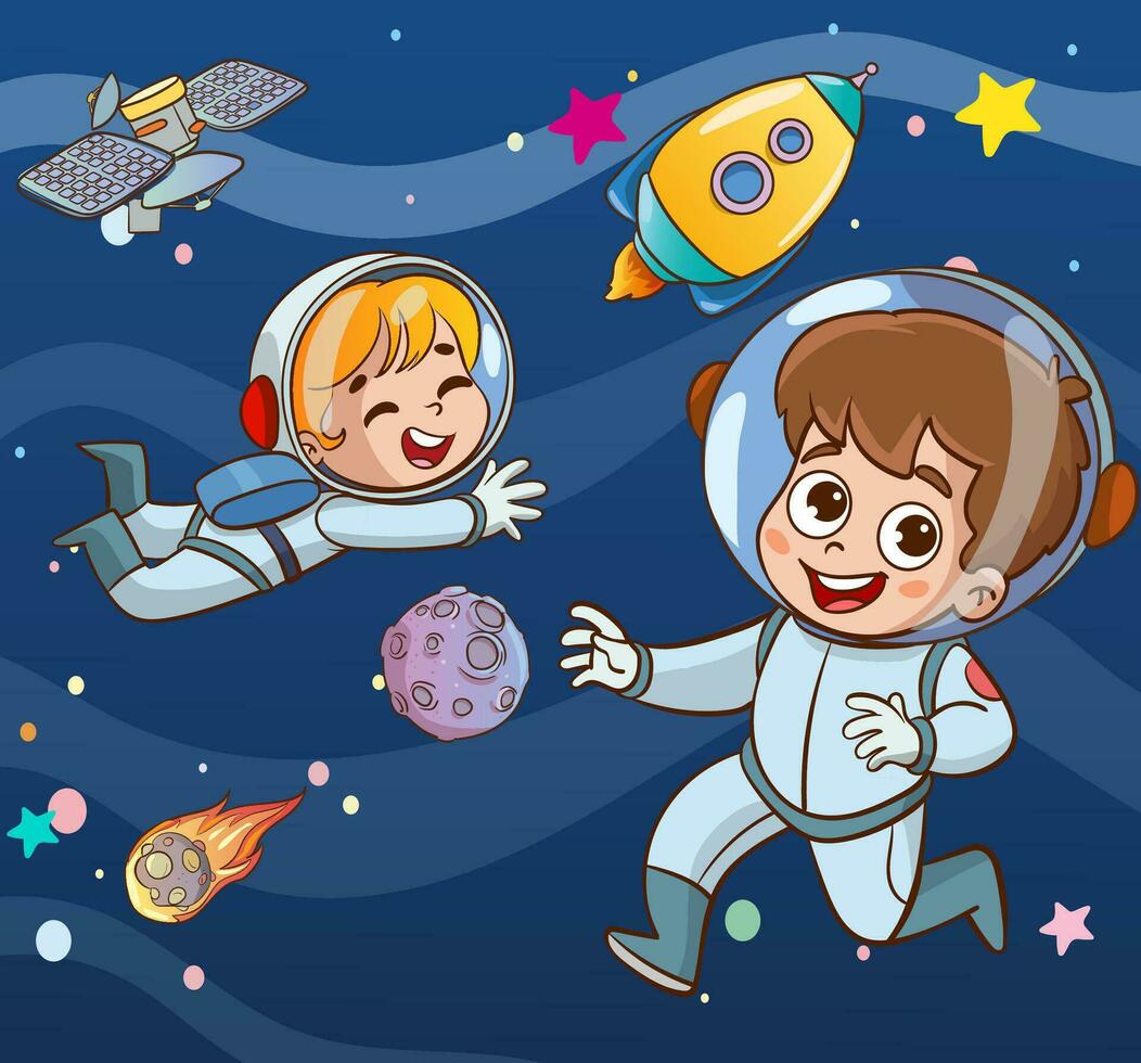 Vector Illustration Of child astronaut feels happy in space