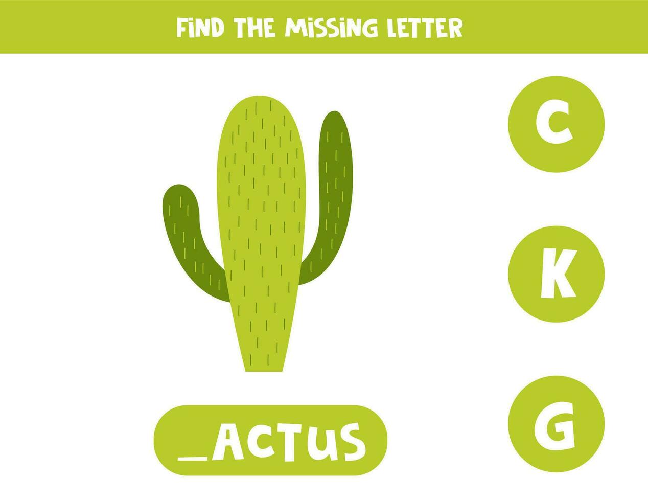 Find missing letter with cartoon cactus. Spelling worksheet. vector