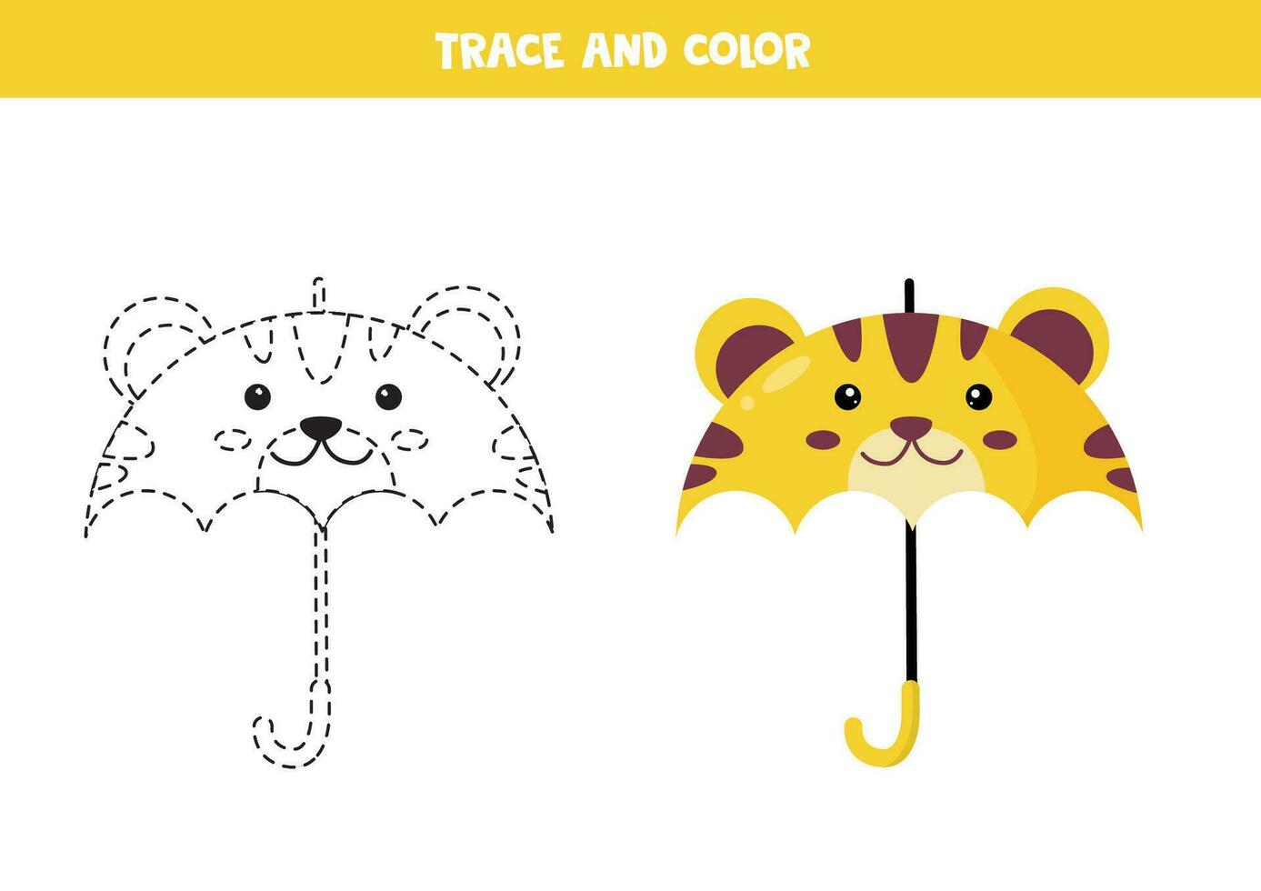 Trace and color cute cartoon tiger umbrella . Worksheet for children. vector