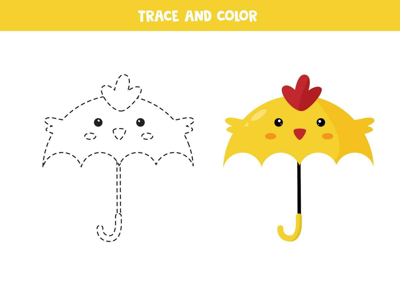 Trace and color cute cartoon yellow chicken umbrella. Worksheet for children. vector
