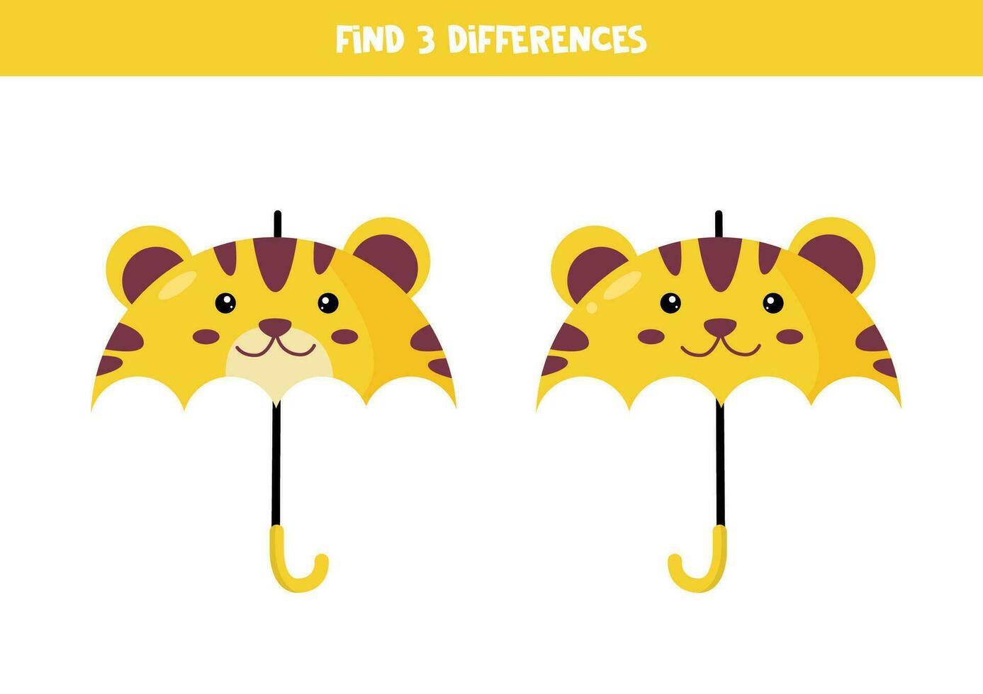 Find 3 differences between two cute cartoon tiger umbrellas. vector