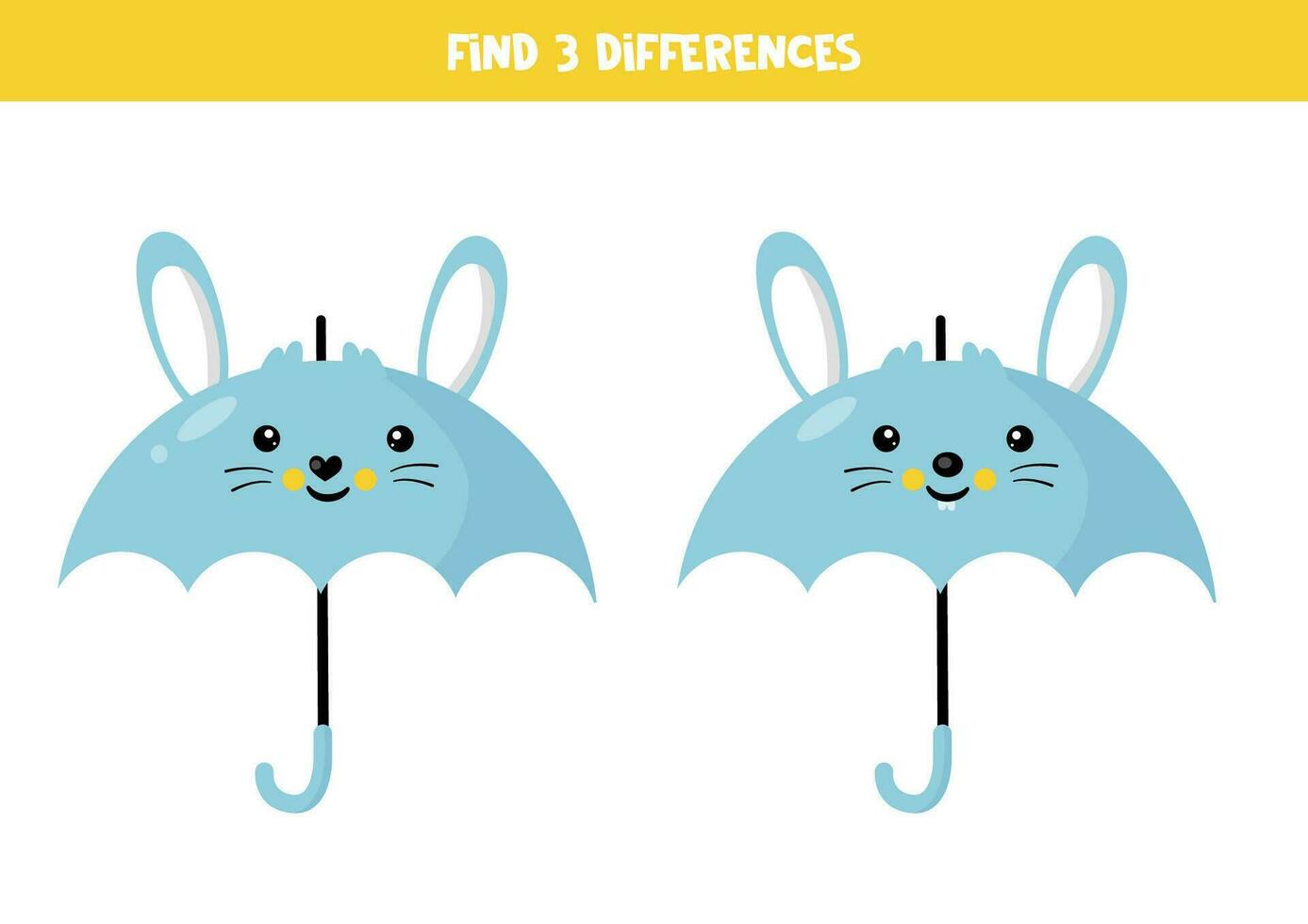 Find 3 differences between two cute cartoon umbrellas in shape of rabbit. vector