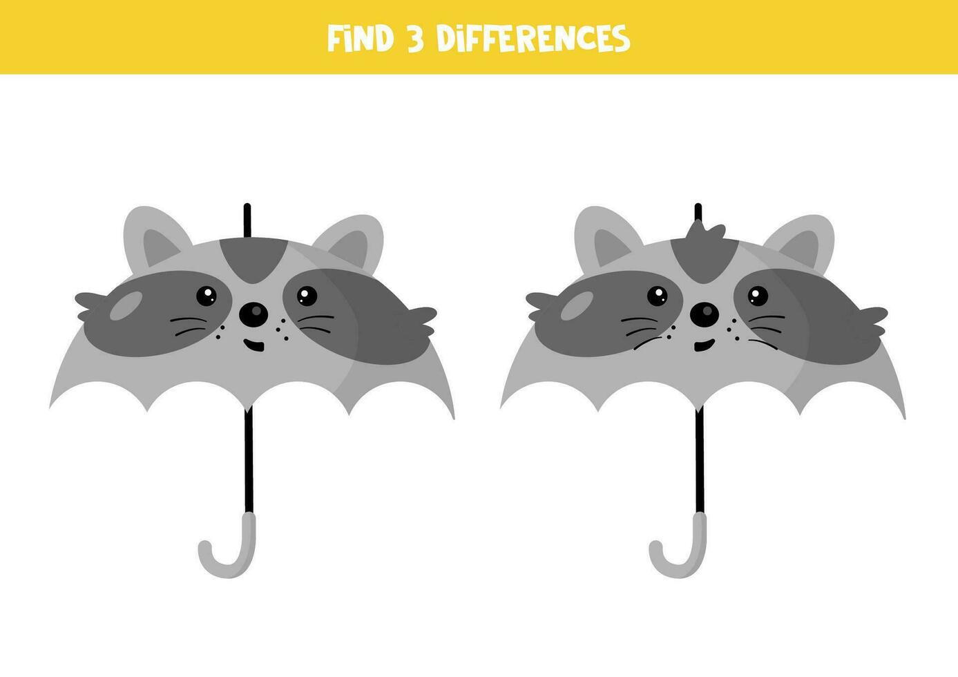 Find 3 differences between two cute cartoon umbrellas in shape of raccoon. vector