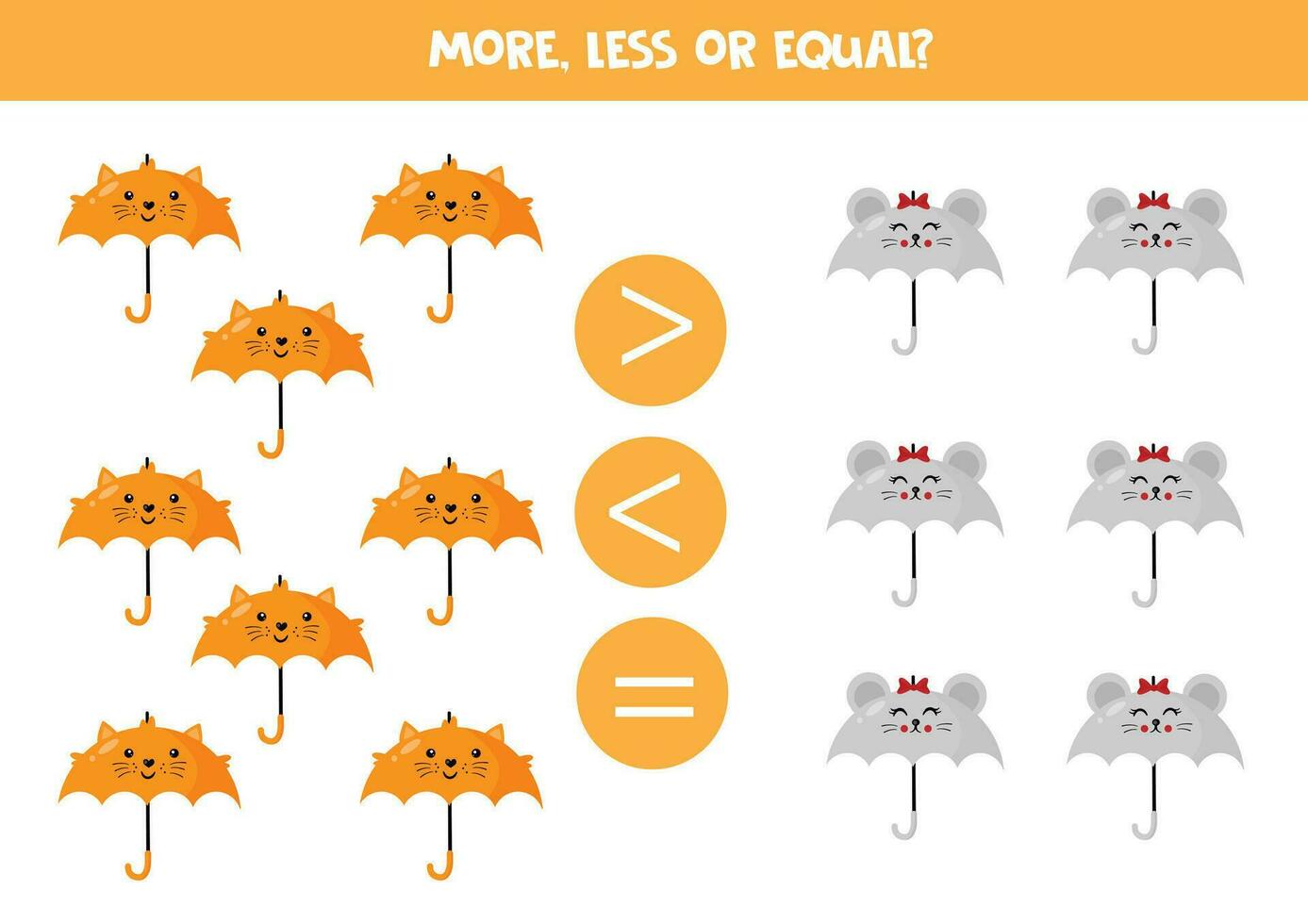 Grater, less or equal with cute cartoon umbrellas. vector