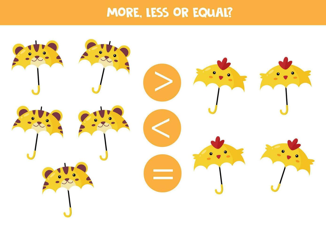 Grater, less or equal with cute cartoon animal umbrellas. vector