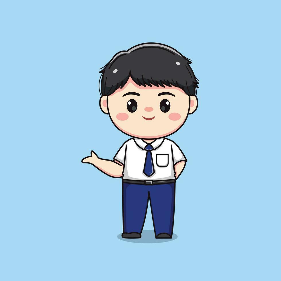 middle school student showing or greeting cute kawaii boy character vector