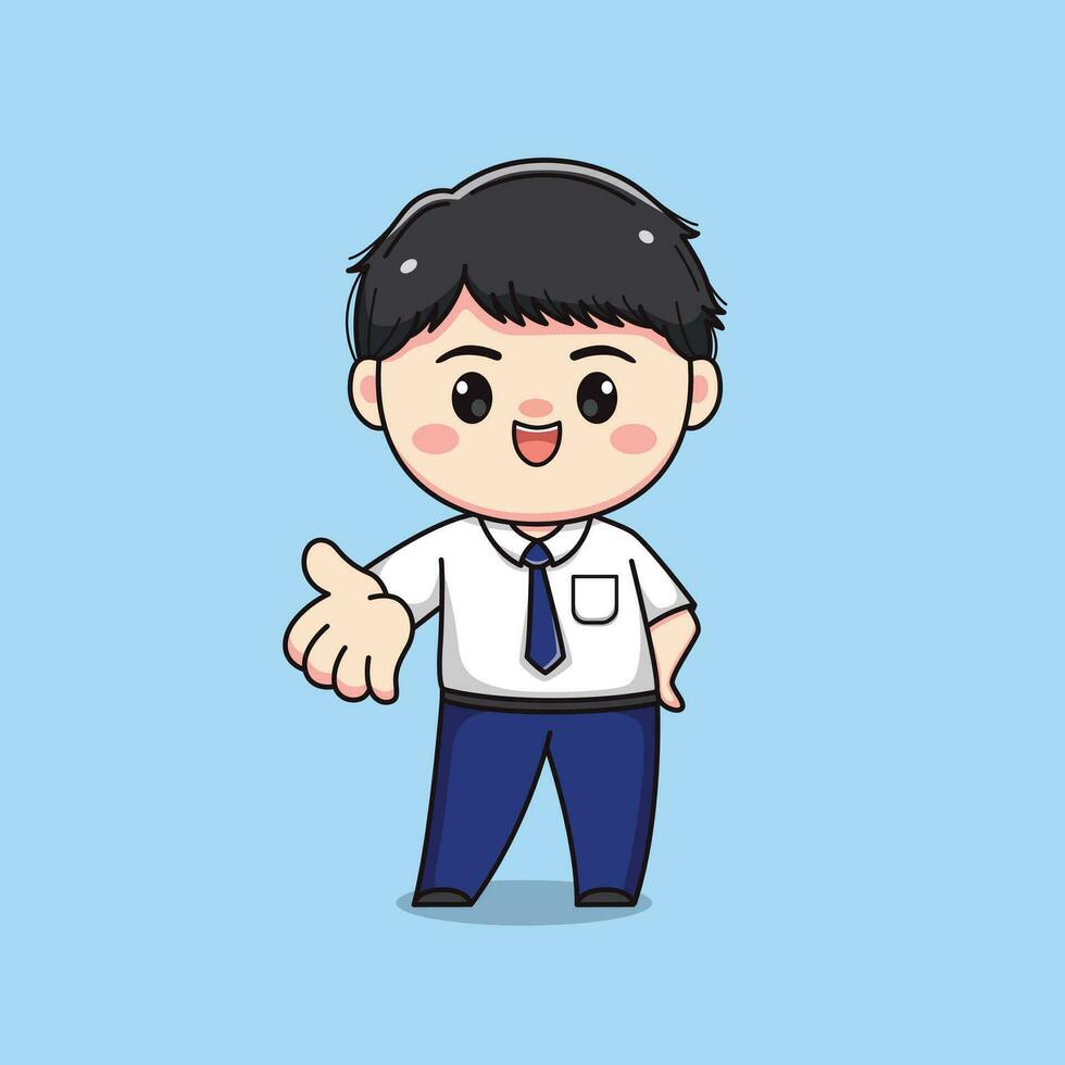 middle school student showing or greeting cute kawaii boy character vector